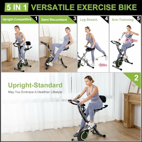 Woman using a versatile exercise bike with five positions.