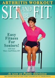 Woman demonstrating seated fitness exercise for seniors on workout poster.