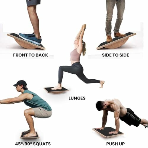 People demonstrating balance board exercises: front to back, side to side, lunges, squats, and push up.