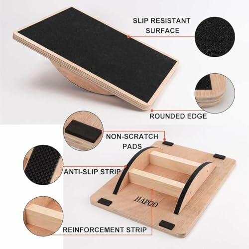 Balance board with slip-resistant surface, non-scratch pads, anti-slip strip, and rounded edge.