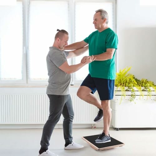 Elderly man doing balance training with assistance.