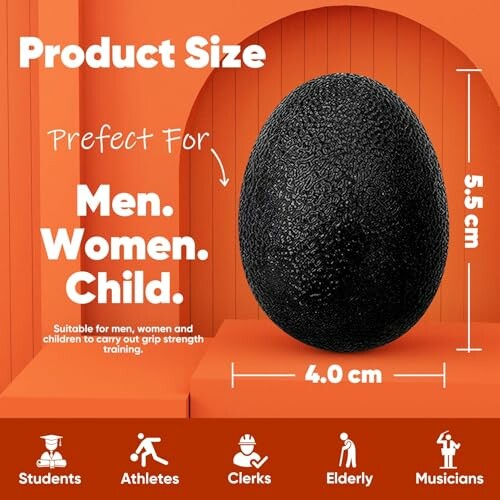 Black grip strength egg with size dimensions and user categories.