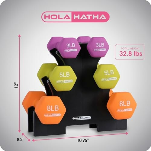 Set of colorful dumbbells on a stand with weight labels.