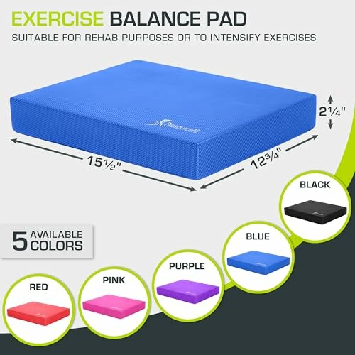 Exercise balance pad available in five colors with dimensions.