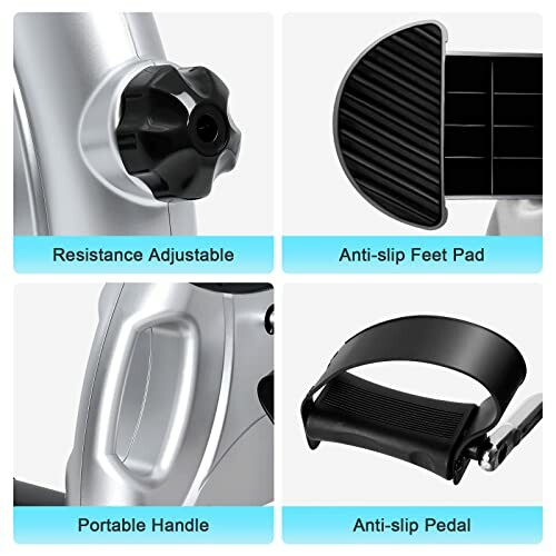 Close-up of exercise bike features: adjustable resistance, anti-slip feet pad, portable handle, anti-slip pedal.