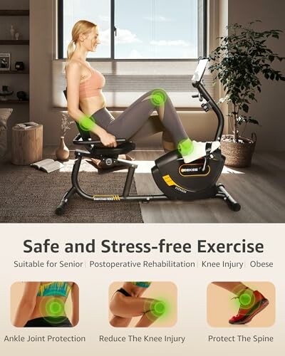 Woman using exercise bike for safe and stress-free workout.