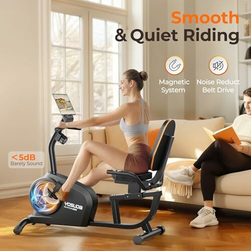 Woman using a Yosuda exercise bike with magnetic system and noise reduction.