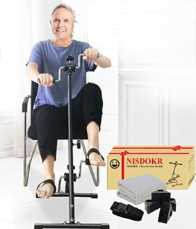 Man using seated pedal exerciser with accessories.