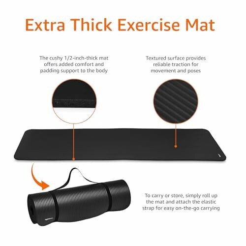 Black extra thick exercise mat with textured surface and carrying strap.