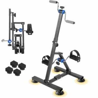 Foldable exercise bike stand with pedals and resistance handles.