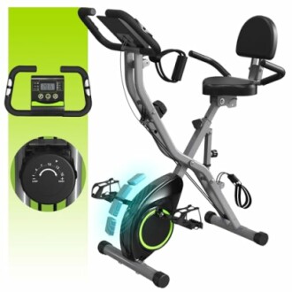 Foldable exercise bike with digital display and resistance knob.