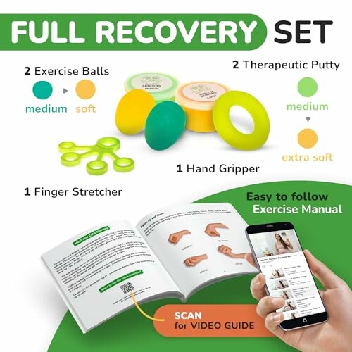 Full recovery set with exercise balls, therapeutic putty, hand gripper, and finger stretcher.