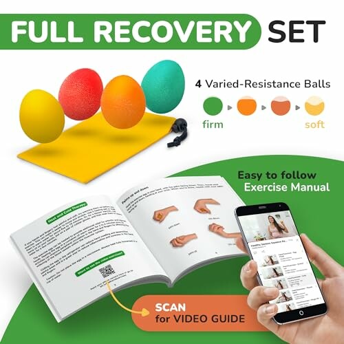 Full recovery set with varied-resistance balls, exercise manual, and video guide.