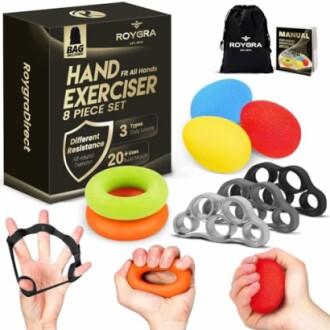 Hand exerciser 8-piece set with various resistance tools and storage bag.