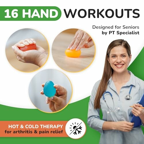 Image showing 16 hand workouts for seniors with hot and cold therapy benefits.