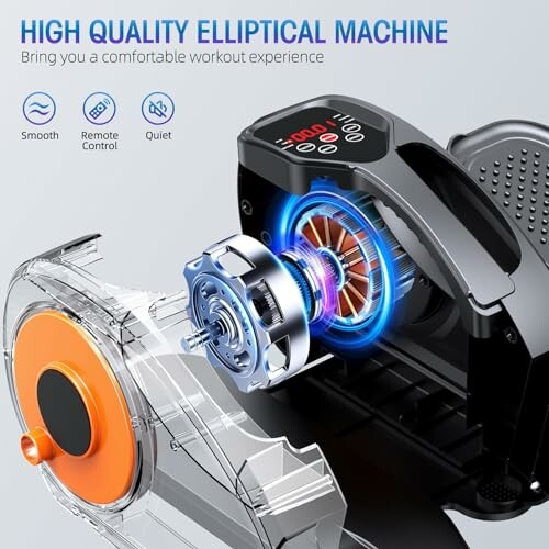 Illustration of a high-quality elliptical machine with features like smooth, remote control, and quiet operation.