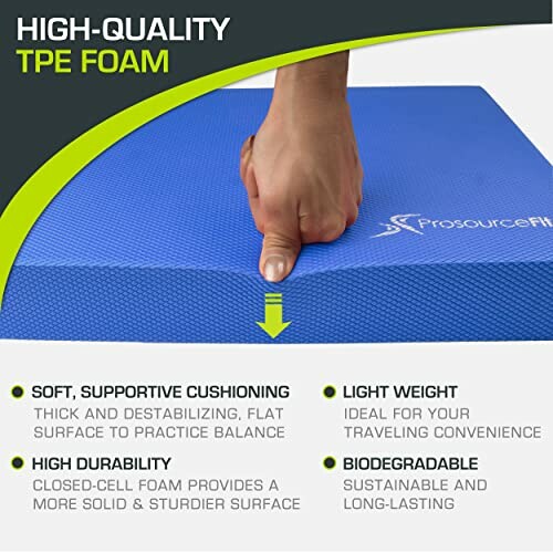 Hand pressing down on a blue TPE foam mat highlighting features like cushioning, durability, lightweight, and biodegradability.