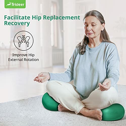 Woman practicing meditation for hip replacement recovery.