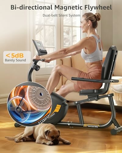 Woman using a recumbent exercise bike with a bi-directional magnetic flywheel.