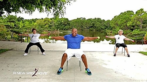 Three people exercising with chairs and dumbbells by a lake.