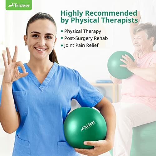 Physical therapist recommending exercise ball for therapy and rehab.