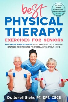 Cover of a book on physical therapy exercises for seniors with an instructor and two elderly people holding dumbbells.