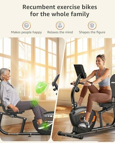 Two people using recumbent exercise bikes indoors.