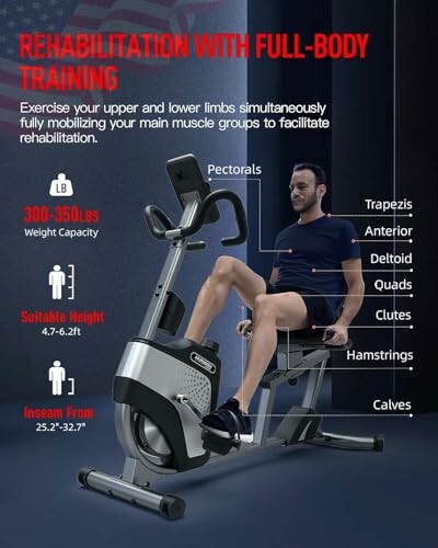 Man using a full-body training bike for rehabilitation, highlighting muscle groups and specifications.