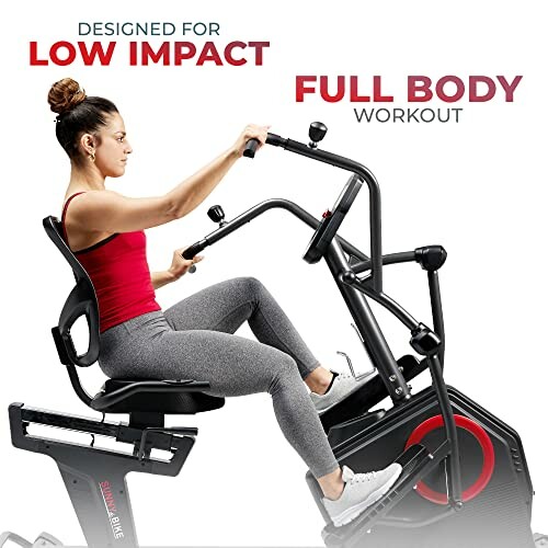 Woman using a seated exercise machine for a low impact full body workout.