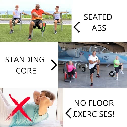 People performing seated and standing core exercises, no floor exercises shown.