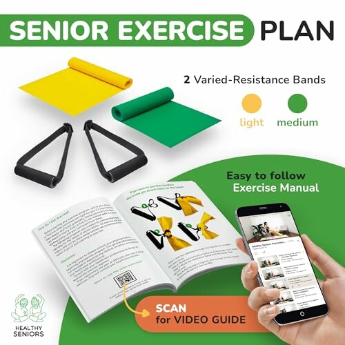 Senior exercise plan with resistance bands, manual, and video guide.