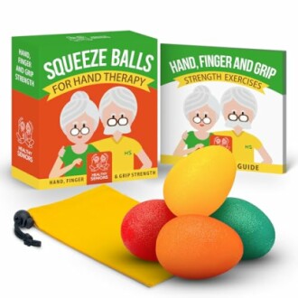 Squeeze balls for hand therapy with guide and pouch