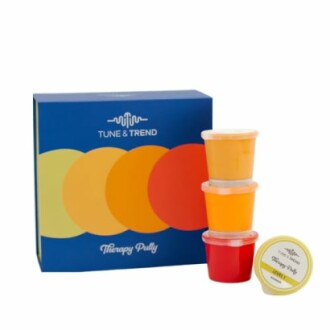 Therapy putty set with three colorful containers and box