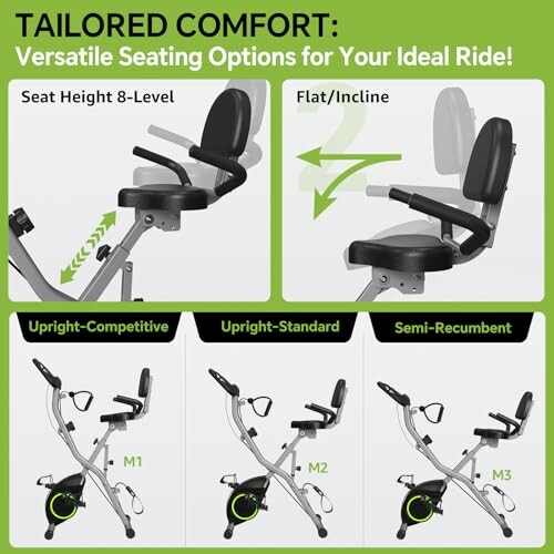 Exercise bike with adjustable seating options for comfort.