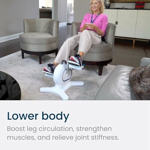 Woman using a leg exercise machine while sitting on a chair indoors.